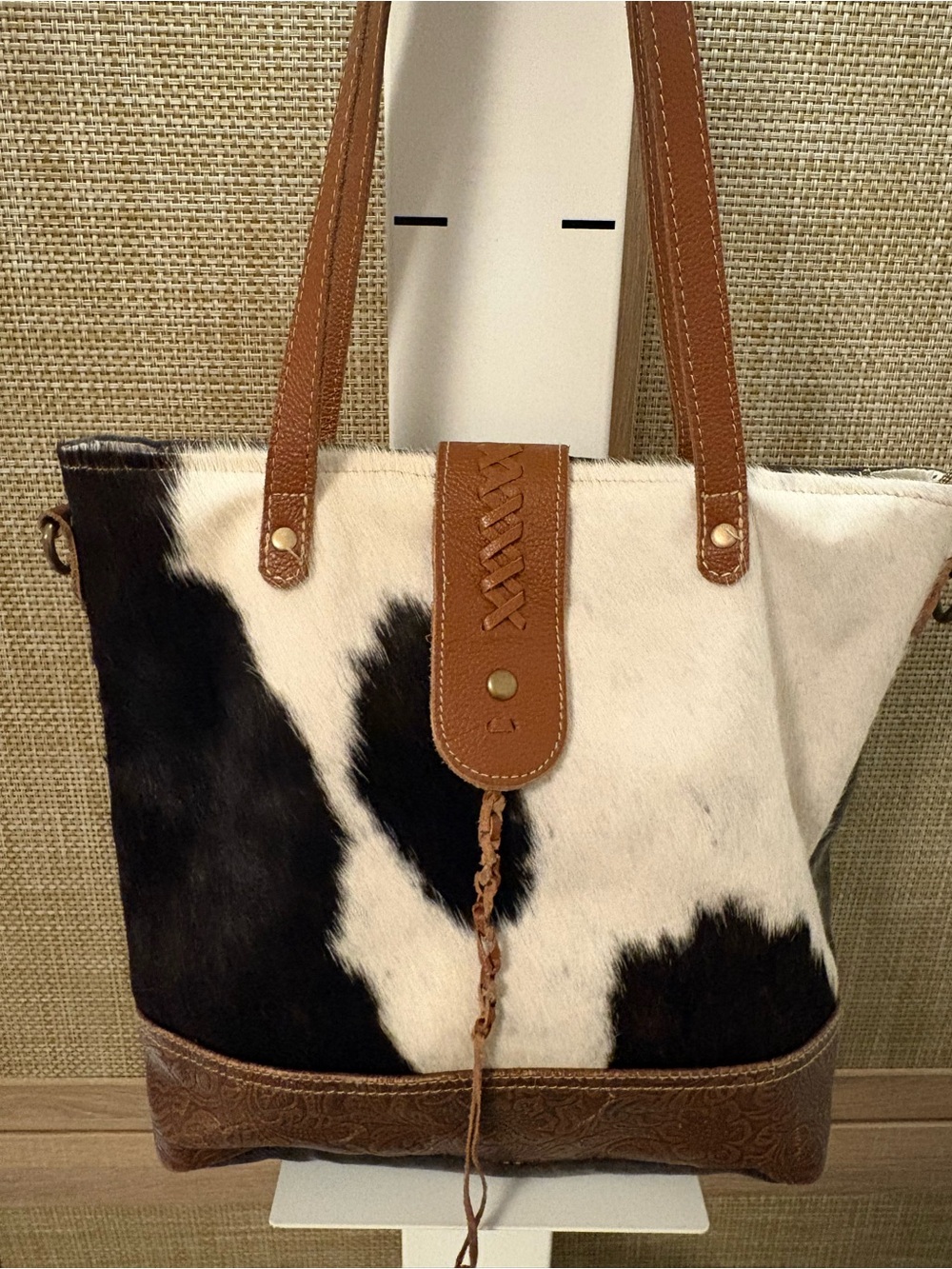 Myra Bag Cowhide Leather Tote Black White Western Boho
